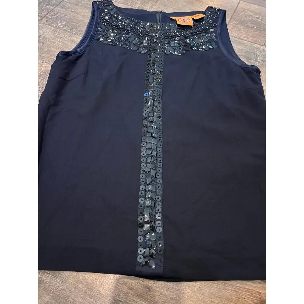 Tory Burch Navy Blue Silk Sleeveless Blouse Sequin Crystal Embellished Top